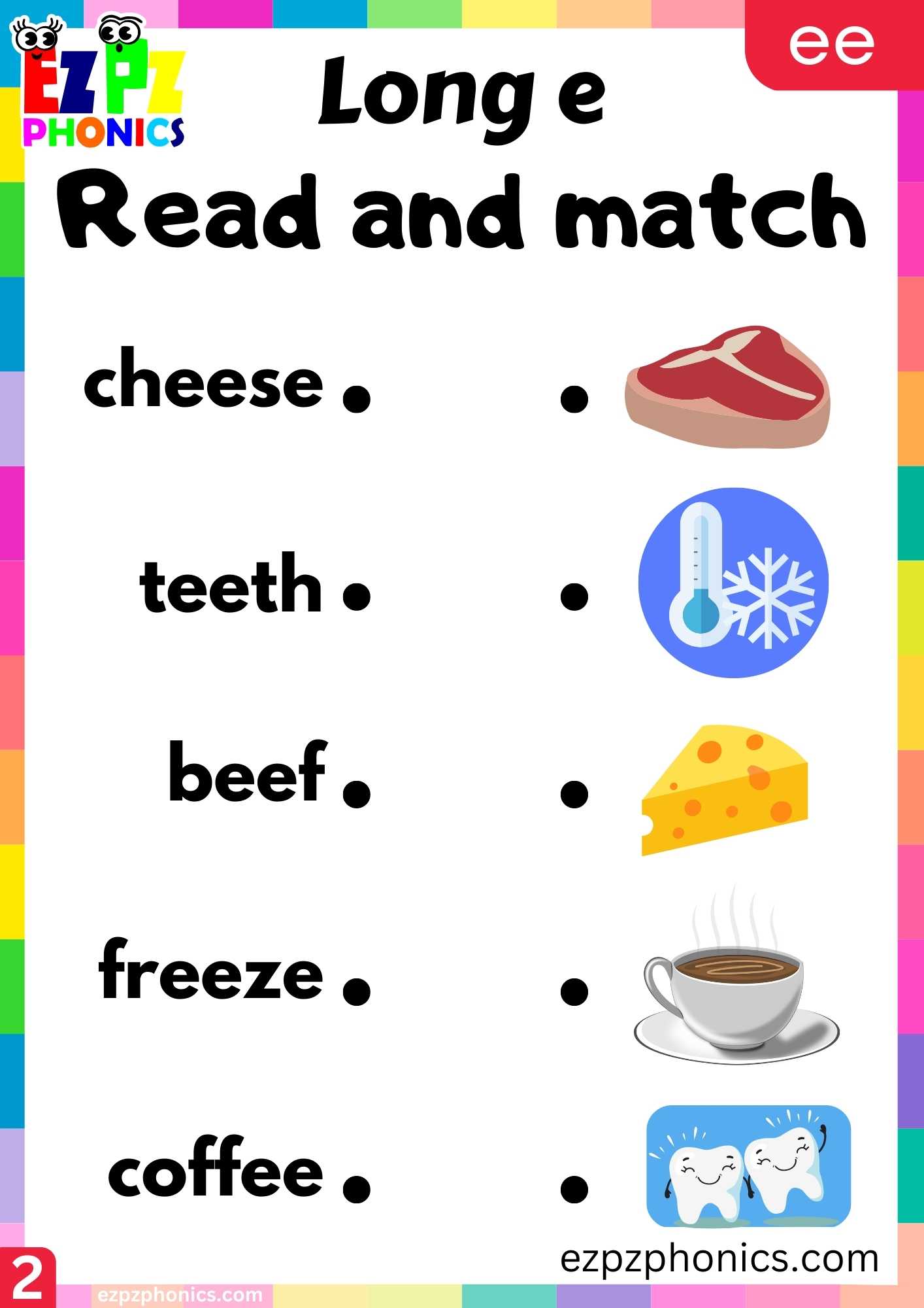 Group2 EE Words Read And Match Long E Phonics Worksheet